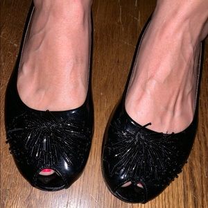 Black patent leather peep toe ballet flats